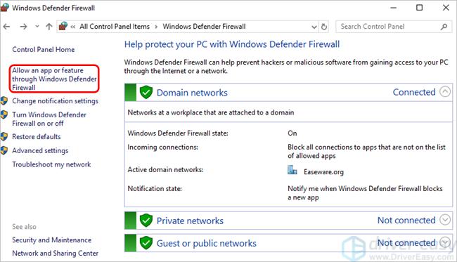 Allow an app for feature through Windows Defender Firewall